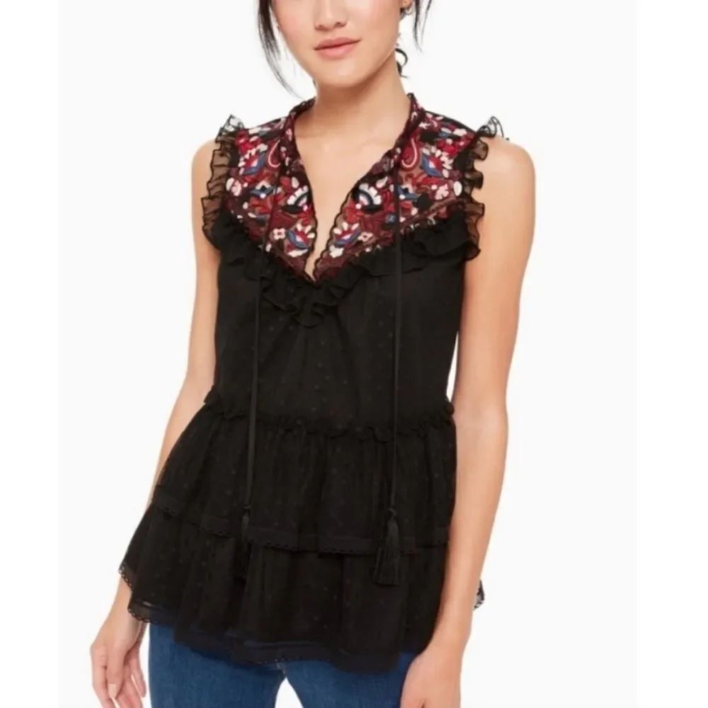 kate spade Camelia Embroidered Peplum Top – Black, Sleeveless, Size S